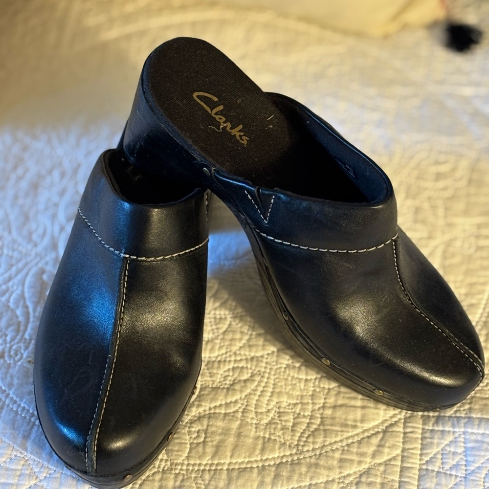 Clarks Black Leather Mules